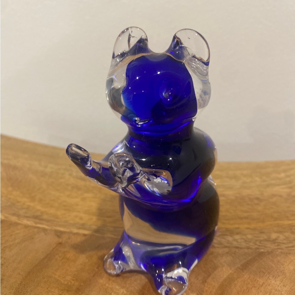 Murano Glass Hand Blown Blue Clear Glass Cat mouse bear Figurine 4.5” Tall